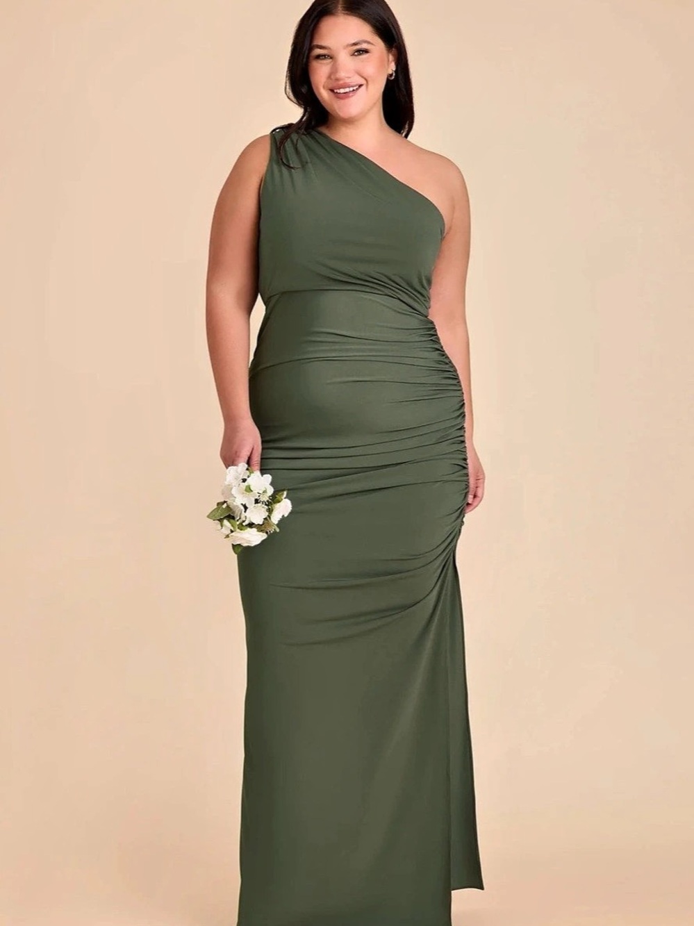 Birdy Grey Claudia Dress in Luxe Stretch Knit Claudia One-Shoulder Ruched  Olive